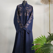 Navy Blue Abaya with Leaf Embroidery and Belted Design – Elegant Modest Wear