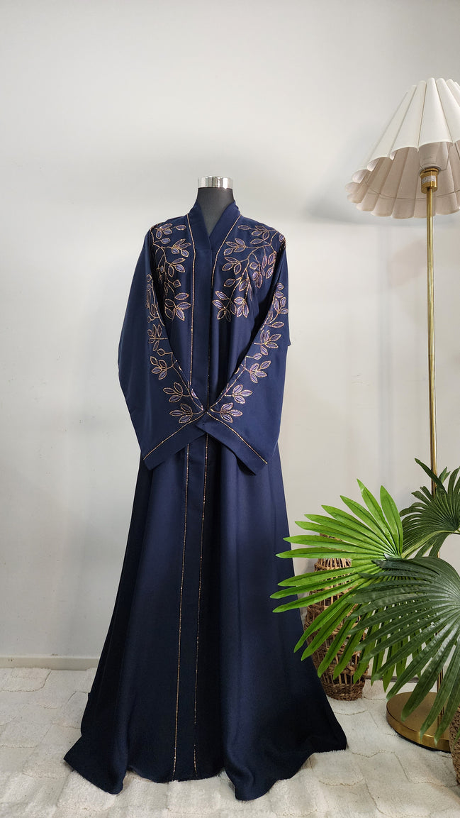 Navy Blue Abaya with Leaf Embroidery and Belted Design – Elegant Modest Wear
