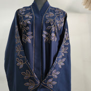 Navy Blue Abaya with Leaf Embroidery and Belted Design – Elegant Modest Wear