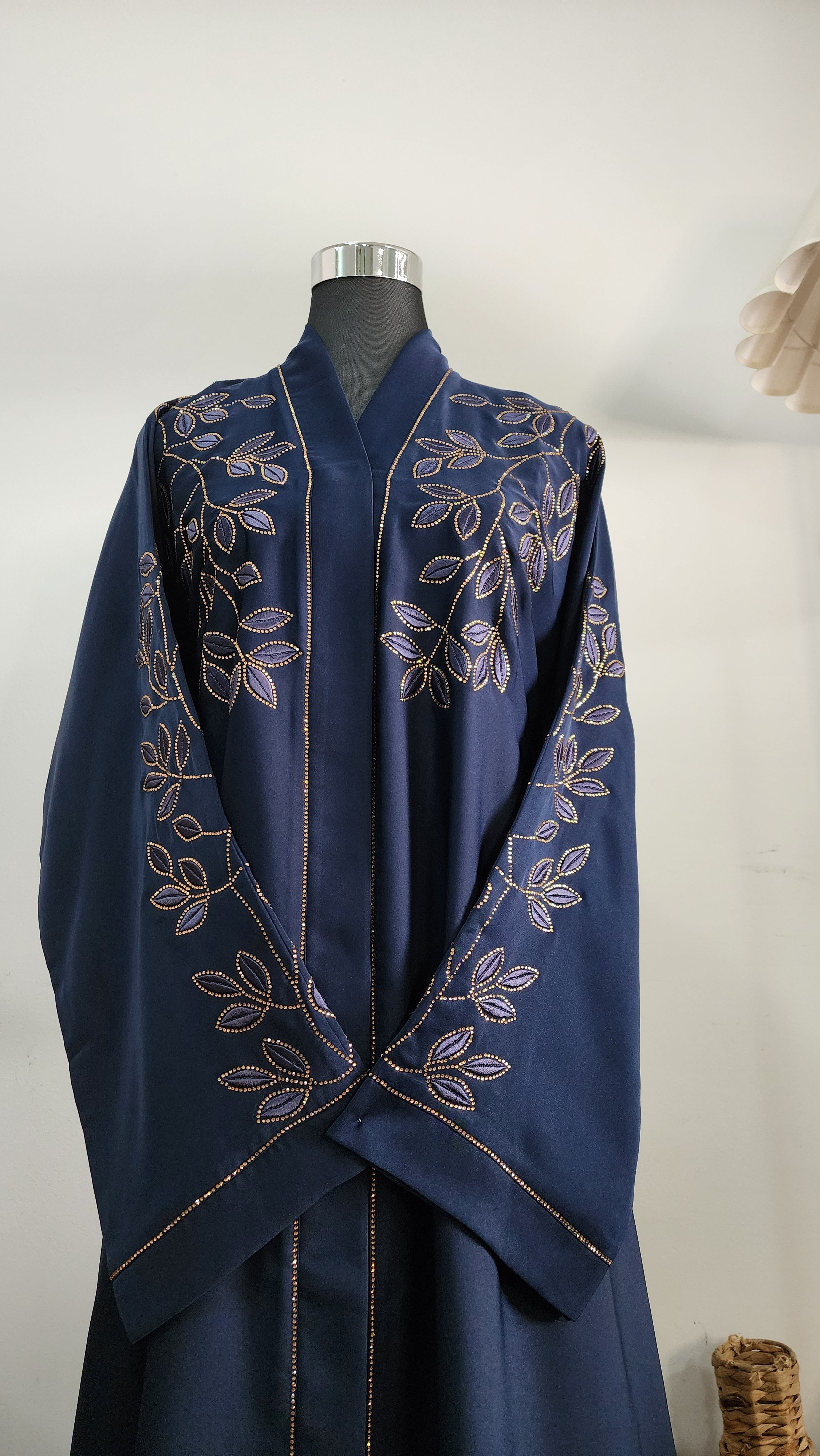 Navy Blue Abaya with Leaf Embroidery and Belted Design – Elegant Modest Wear
