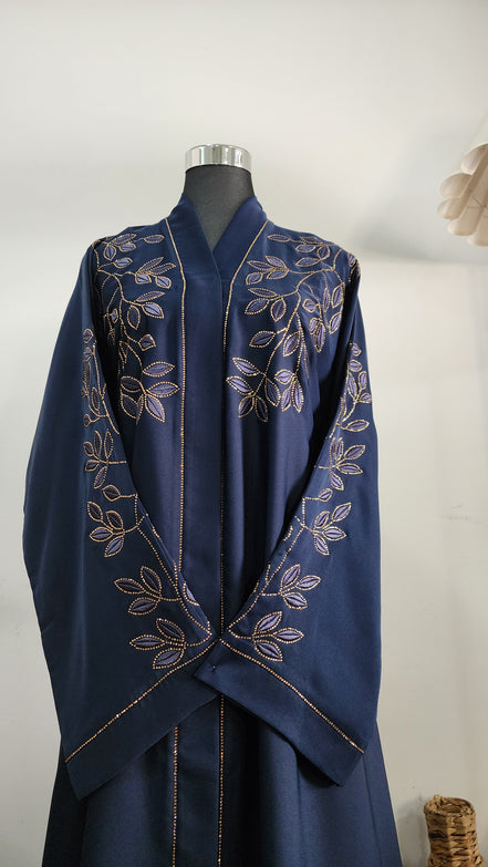 Navy Blue Abaya with Leaf Embroidery and Belted Design – Elegant Modest Wear