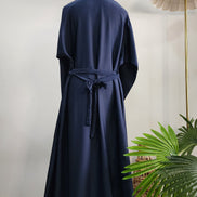 Navy Blue Abaya with Leaf Embroidery and Belted Design – Elegant Modest Wear
