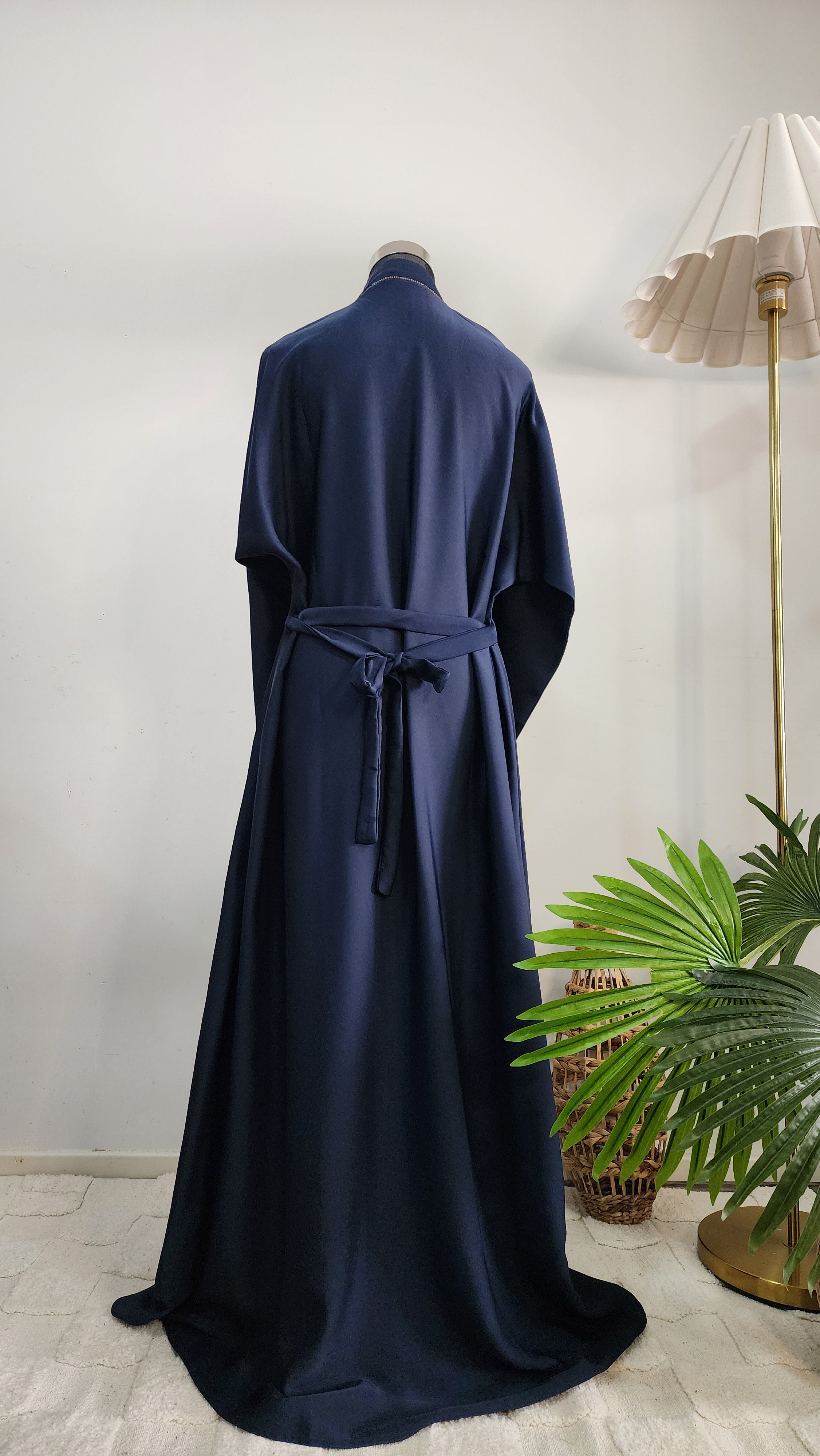 Navy Blue Abaya with Leaf Embroidery and Belted Design – Elegant Modest Wear