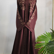 Brown Abaya with Leaf Embroidery and Belted Design – Elegant Modest Wear