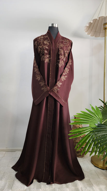 Brown Abaya with Leaf Embroidery and Belted Design – Elegant Modest Wear