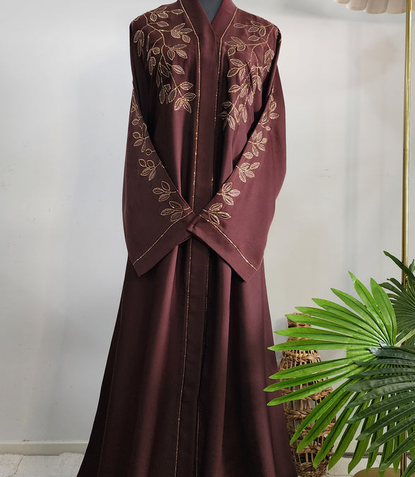 Brown Abaya with Leaf Embroidery and Belted Design – Elegant Modest Wear