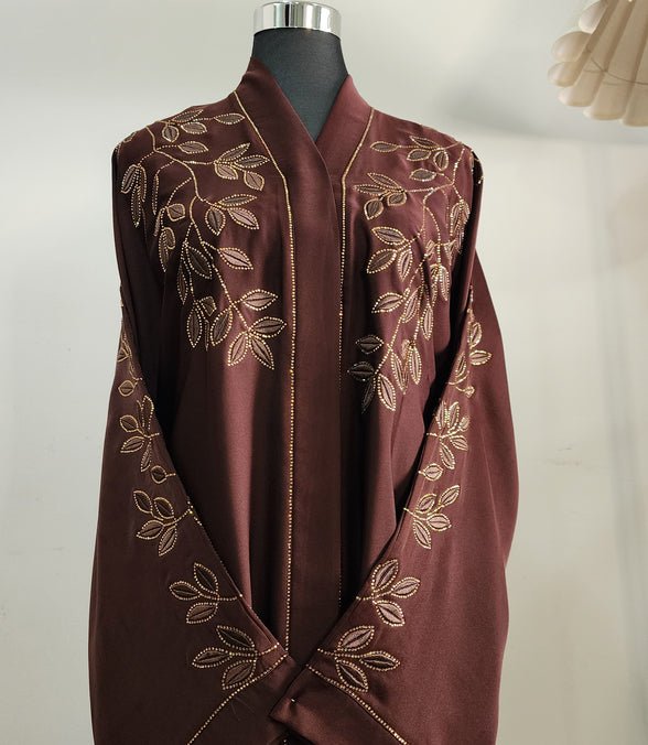Brown Abaya with Leaf Embroidery and Belted Design – Elegant Modest Wear