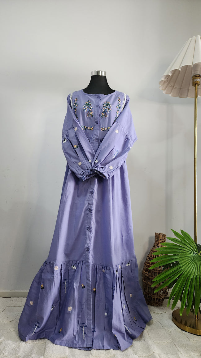 Lilac Cotton Dress with Floral Embroidery – Elegant Modest Everyday Wear