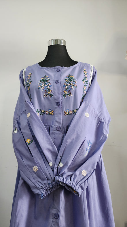 Lilac Cotton Dress with Floral Embroidery – Elegant Modest Everyday Wear