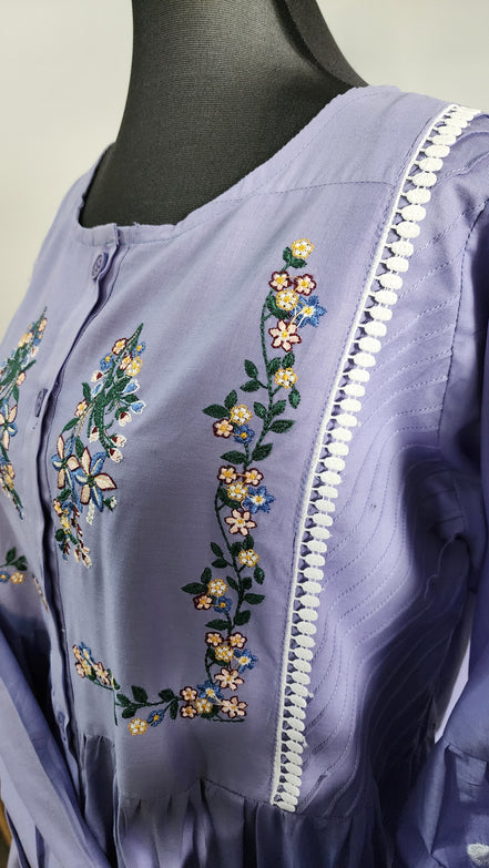 Lilac Cotton Dress with Floral Embroidery – Elegant Modest Everyday Wear