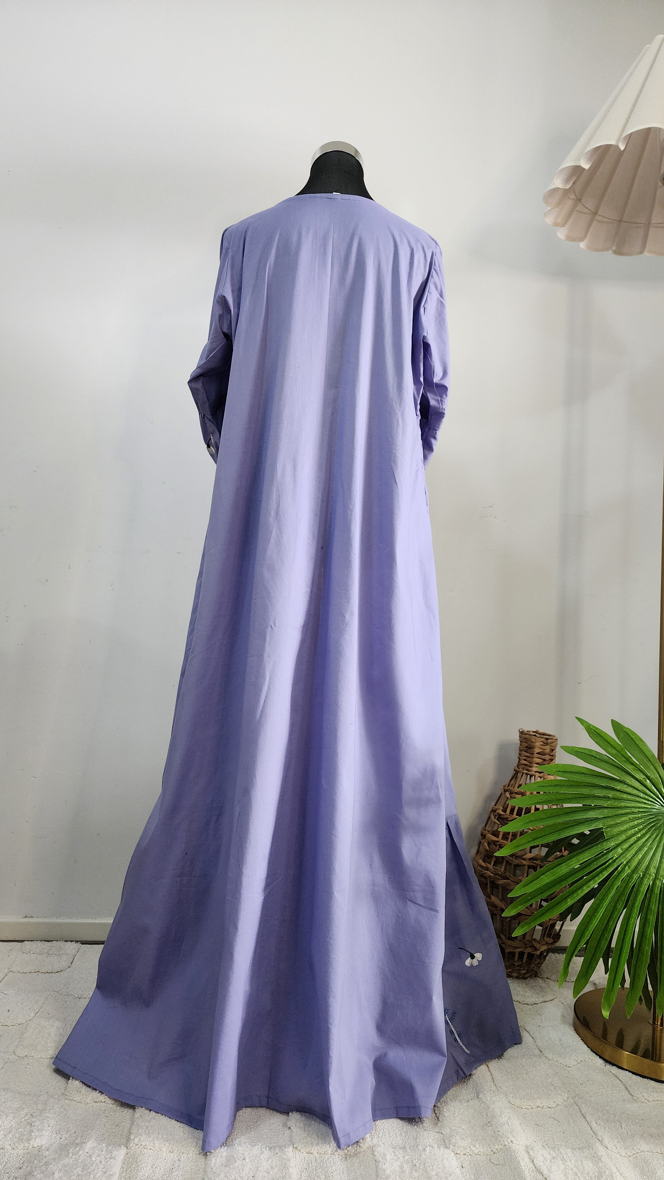 Lilac Cotton Dress with Floral Embroidery – Elegant Modest Everyday Wear