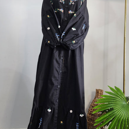 Black Cotton Dress with Floral Embroidery – Elegant Modest Everyday Wear