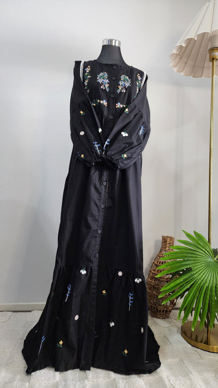Black Cotton Dress with Floral Embroidery – Elegant Modest Everyday Wear