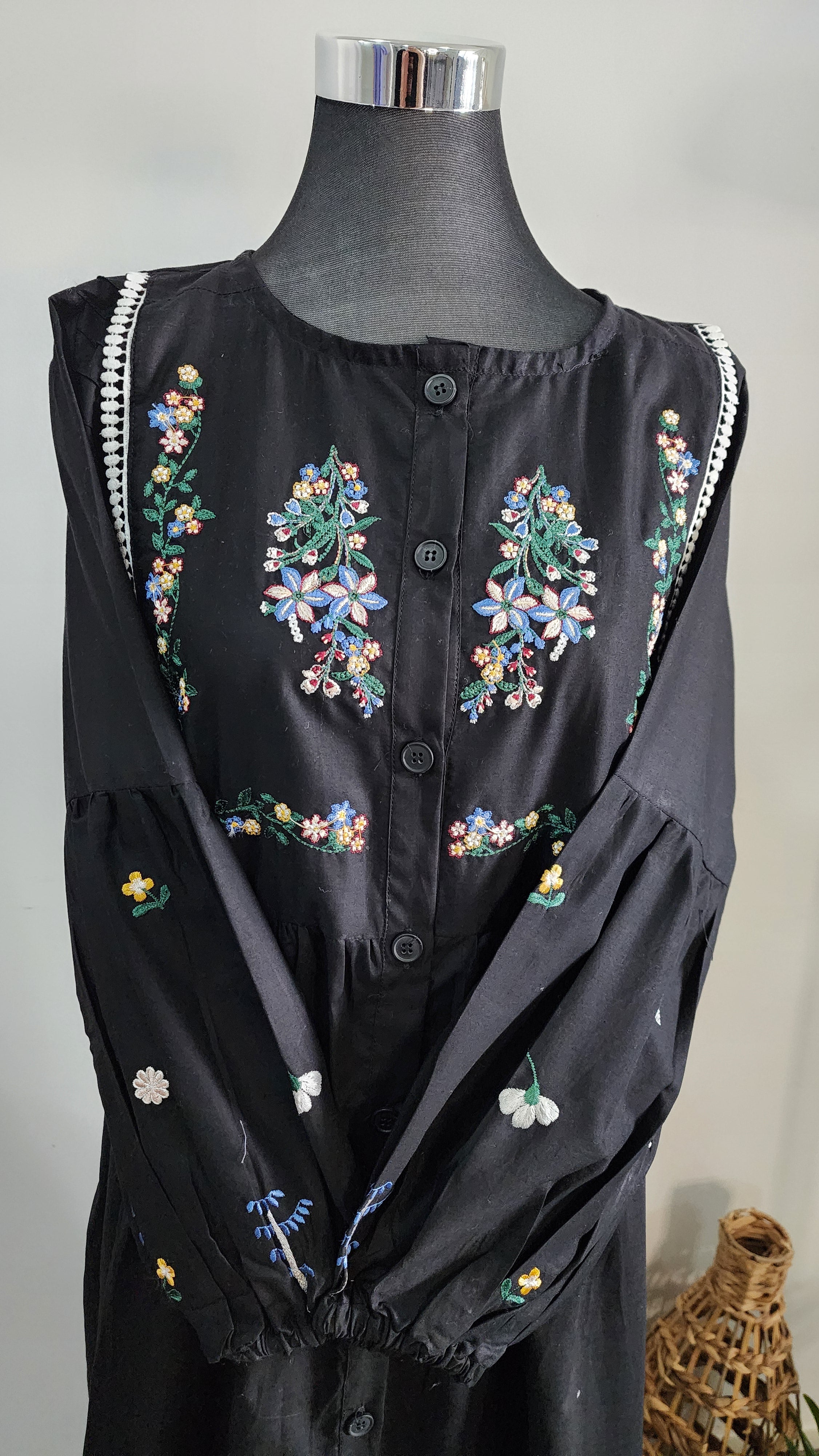 Black Cotton Dress with Floral Embroidery – Elegant Modest Everyday Wear