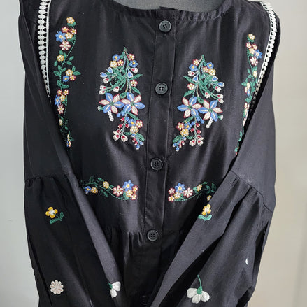 Black Cotton Dress with Floral Embroidery – Elegant Modest Everyday Wear