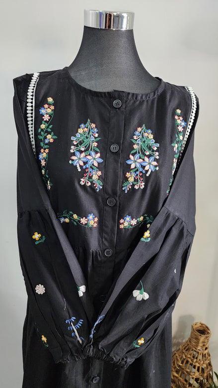 Black Cotton Dress with Floral Embroidery – Elegant Modest Everyday Wear