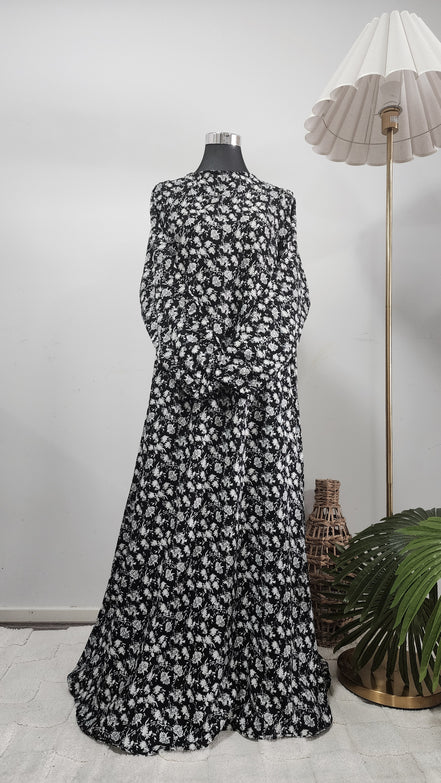 Black Floral Maxi Abaya – Lightweight, Wrinkle-Free Summer Fabric