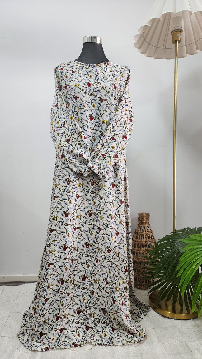 White Floral Maxi Abaya – Lightweight, Wrinkle-Free Summer Fabric