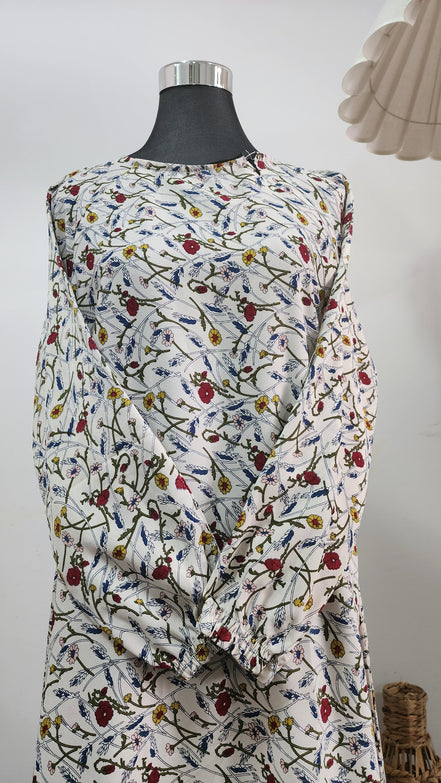 White Floral Maxi Abaya – Lightweight, Wrinkle-Free Summer Fabric