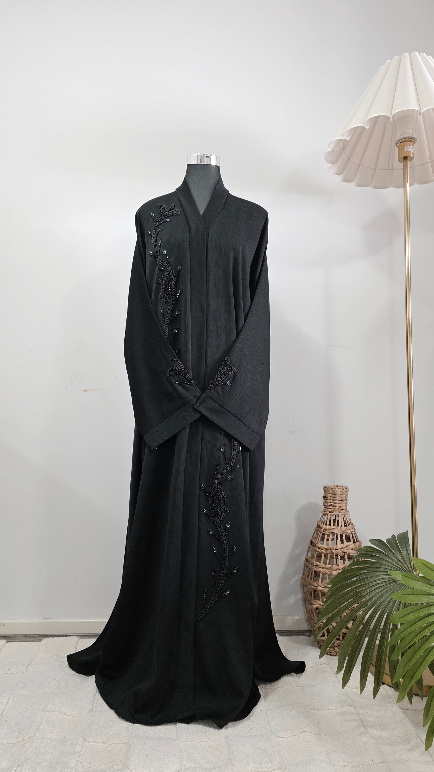 Black Beaded Abaya – Textured Abaya with Hand Embellished Detailing