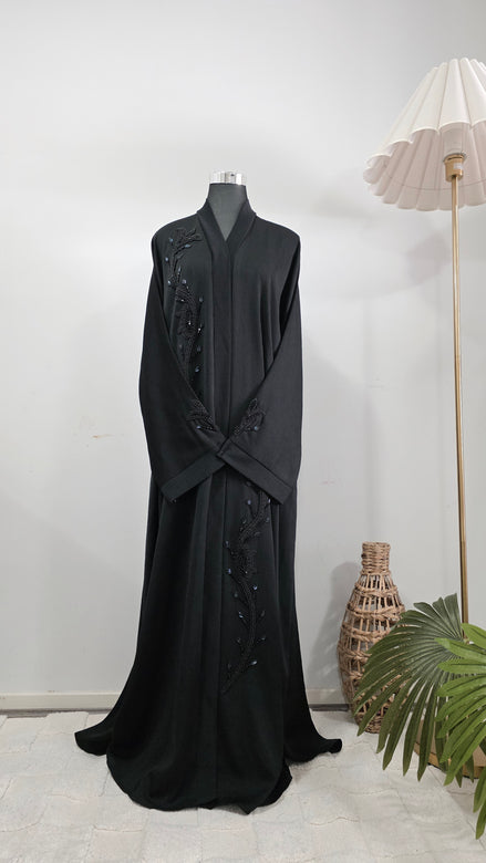 Black Beaded Abaya – Textured Abaya with Hand Embellished Detailing