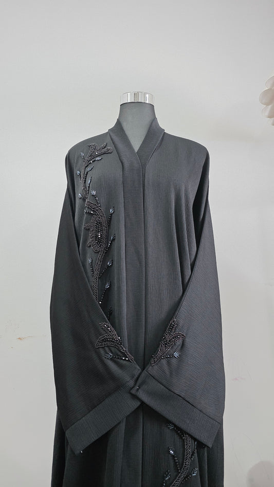 Black Beaded Abaya – Textured Abaya with Hand Embellished Detailing
