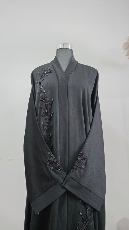 Black Beaded Abaya – Textured Abaya with Hand Embellished Detailing