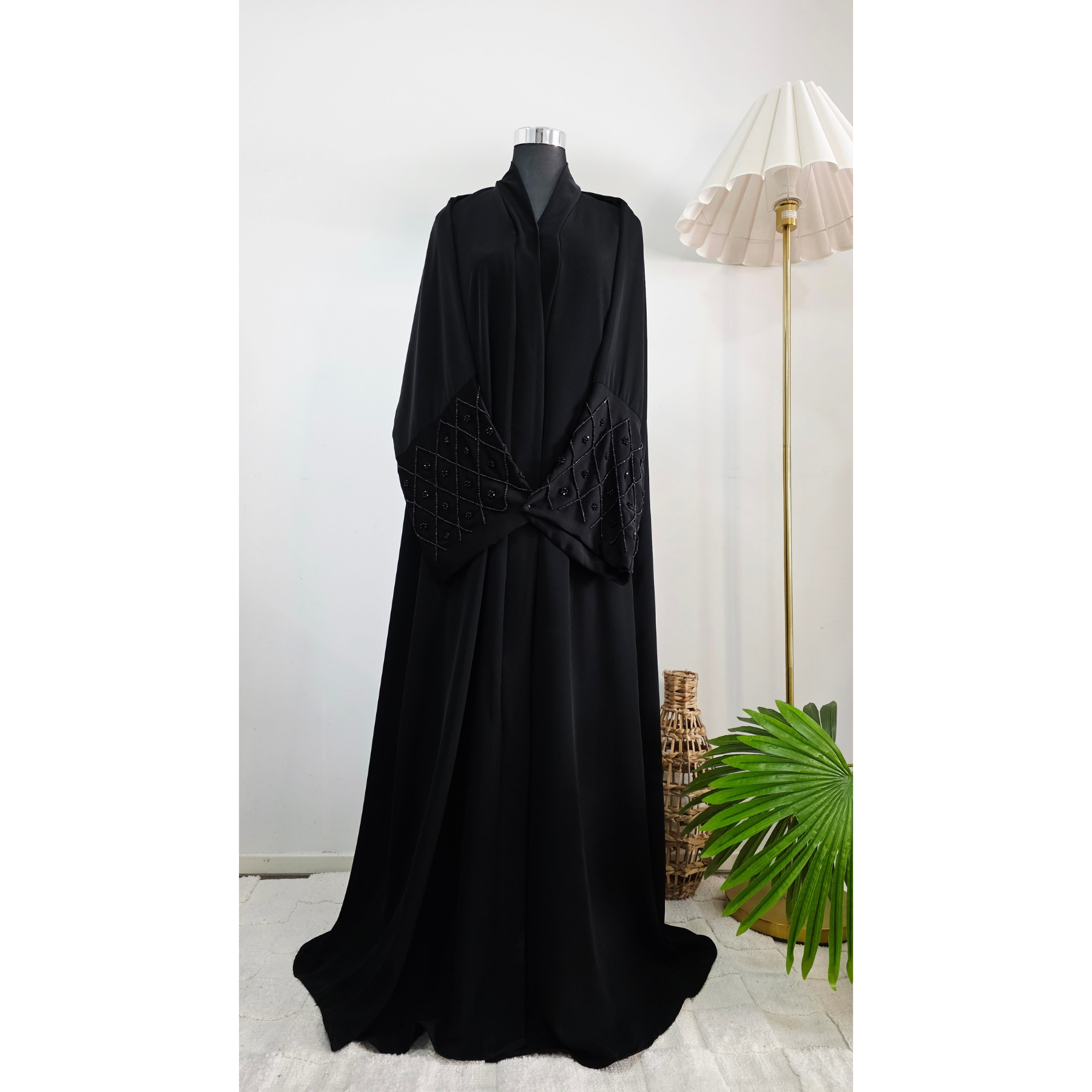 Black Abaya with Hand-Beaded Sleeve Panels | Premium Nidha Fabric