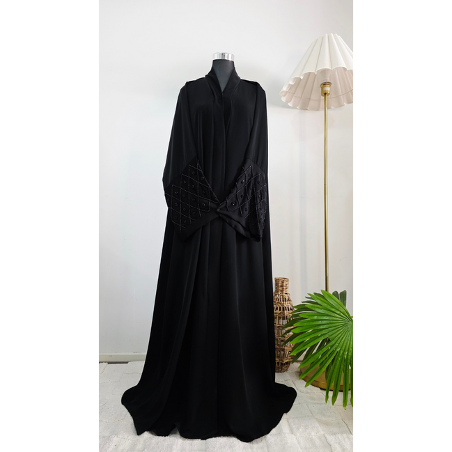 Black Abaya with Hand-Beaded Sleeve Panels | Premium Nidha Fabric