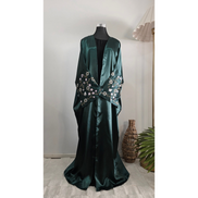Elegant Satin Embroidered Abaya – Emarald Green Floral Design
