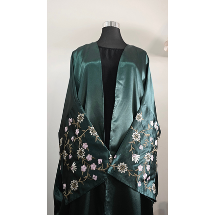 Elegant Satin Embroidered Abaya – Emarald Green Floral Design