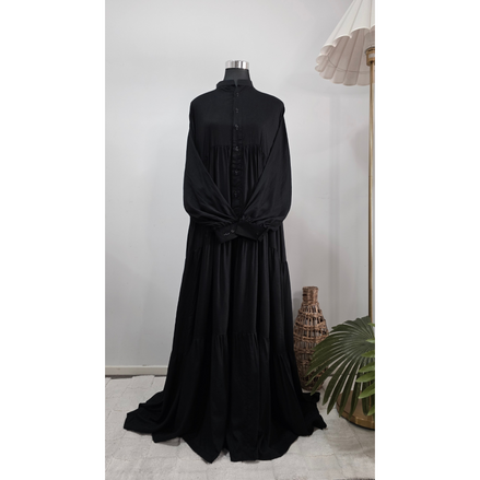 Black Tiered Button-Front Modest Dress with Long Sleeves