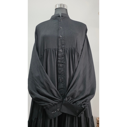 Black Tiered Button-Front Modest Dress with Long Sleeves