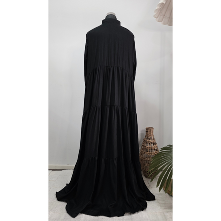 Black Tiered Button-Front Modest Dress with Long Sleeves