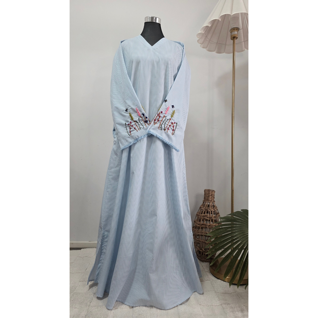 Light Blue Linen Hand Embroidered Modest Dress with Side Pockets