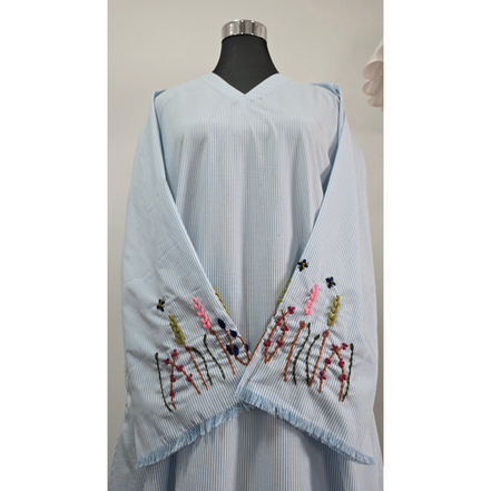 Light Blue Linen Hand Embroidered Modest Dress with Side Pockets