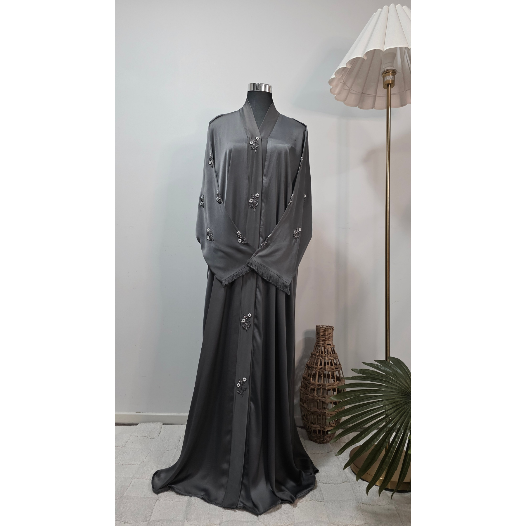 Grey Embroidered Modest Abaya with Matching Scarf
