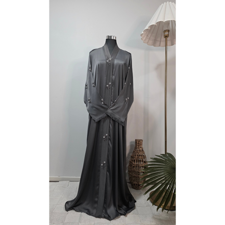 Grey Embroidered Modest Abaya with Matching Scarf
