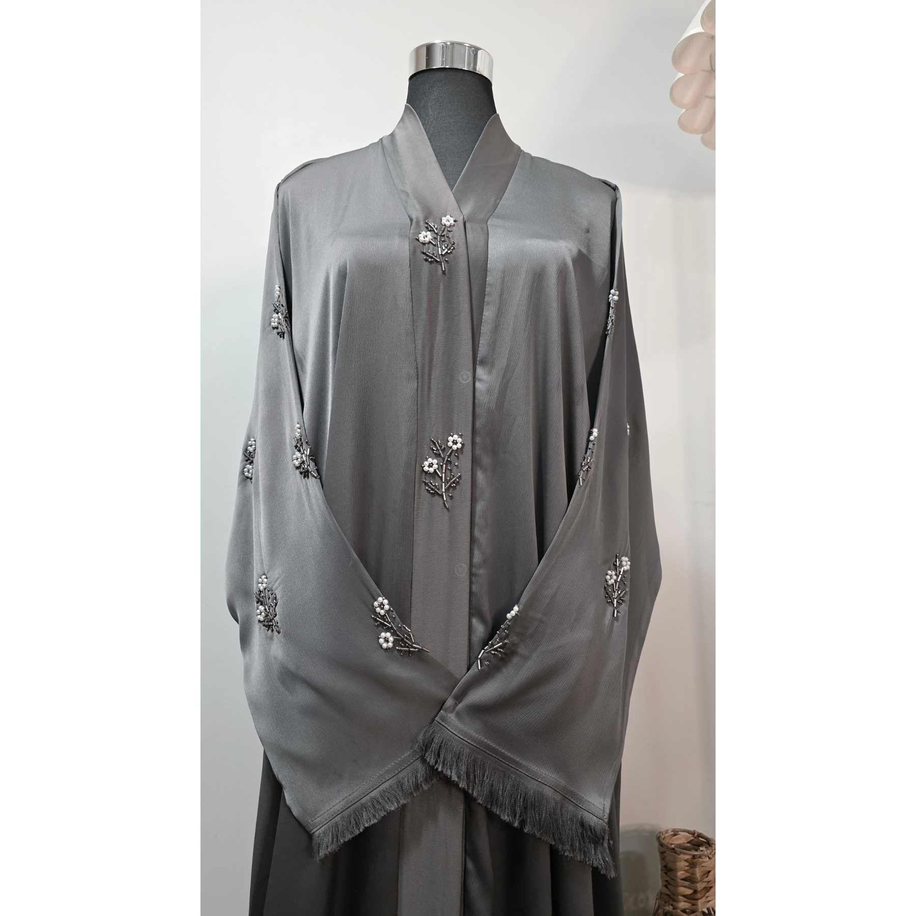 Grey Embroidered Modest Abaya with Matching Scarf