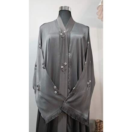 Grey Embroidered Modest Abaya with Matching Scarf