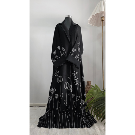Luxury Black Coat Abaya with White Floral Embroidery with Hijab