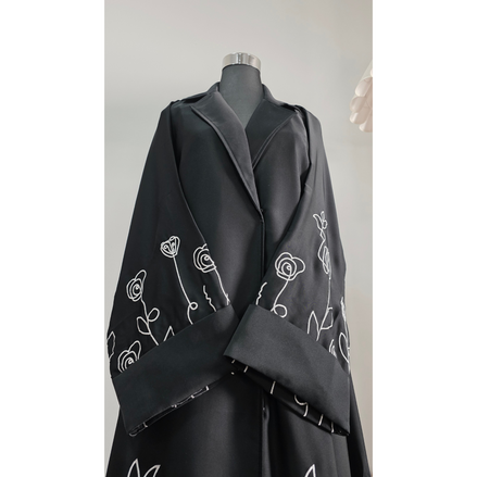 Luxury Black Coat Abaya with White Floral Embroidery with Hijab