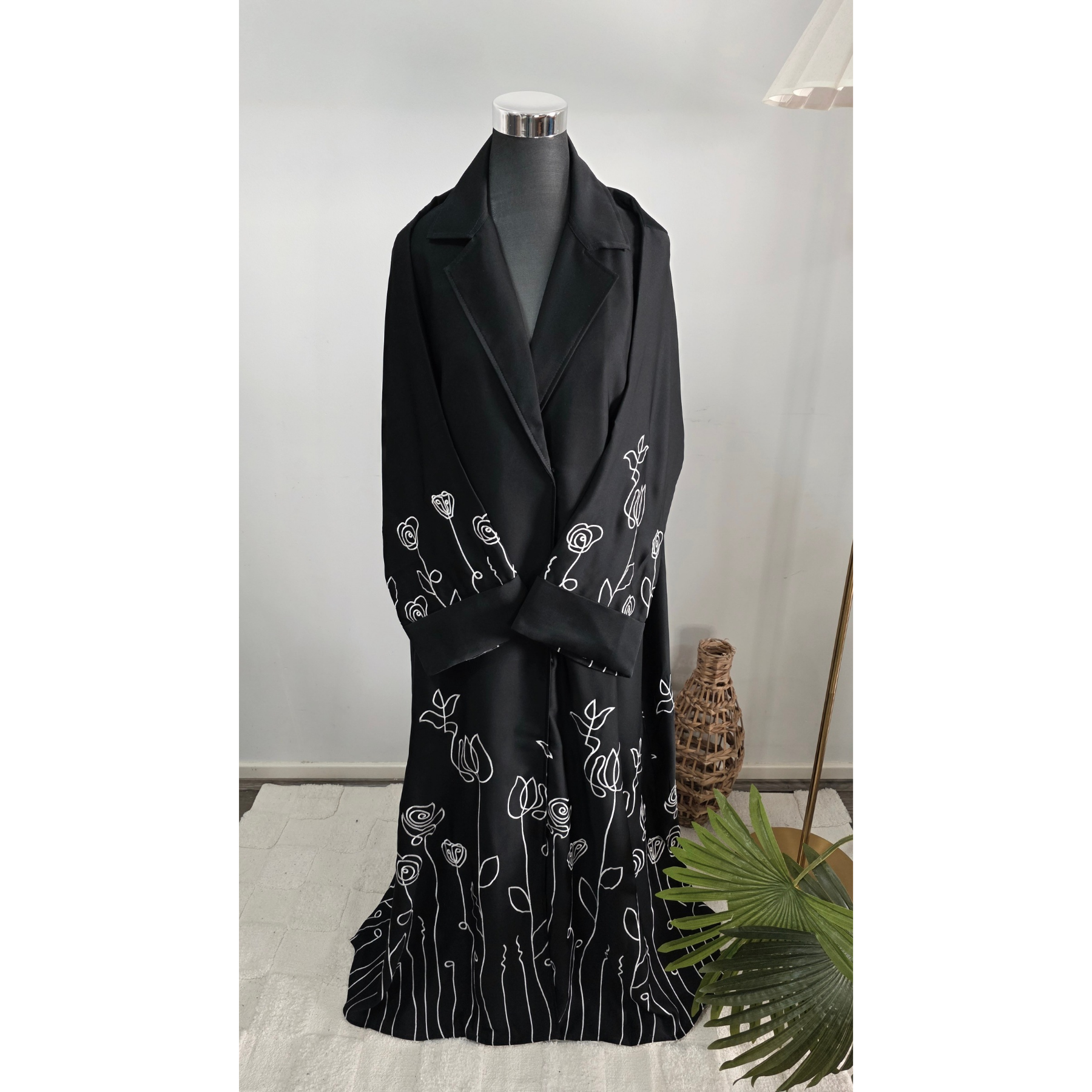 Luxury Black Coat Abaya with White Floral Embroidery with Hijab