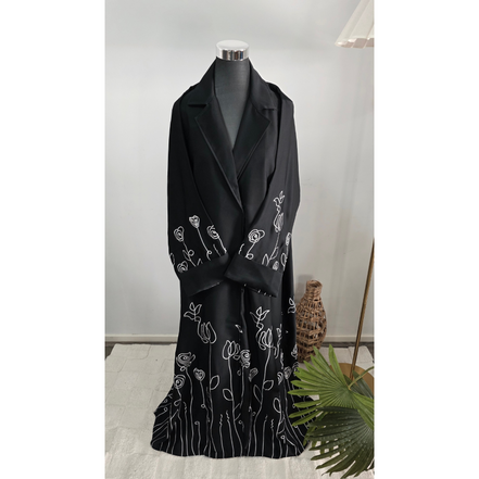 Luxury Black Coat Abaya with White Floral Embroidery with Hijab