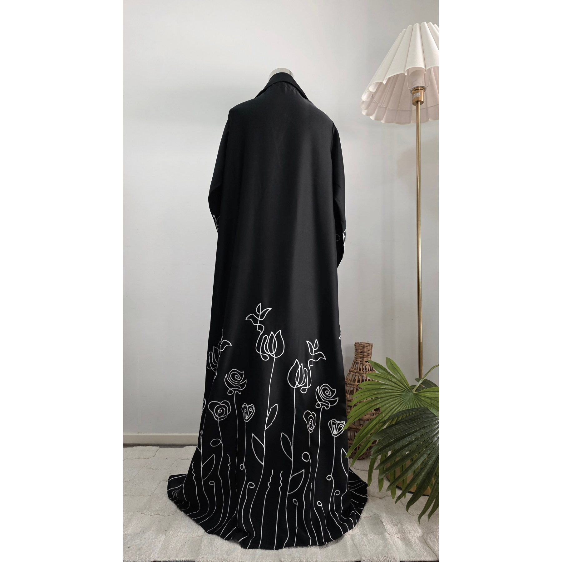 Luxury Black Coat Abaya with White Floral Embroidery with Hijab