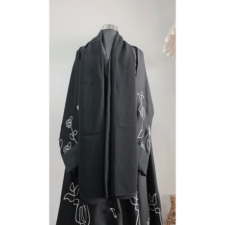 Luxury Black Coat Abaya with White Floral Embroidery with Hijab