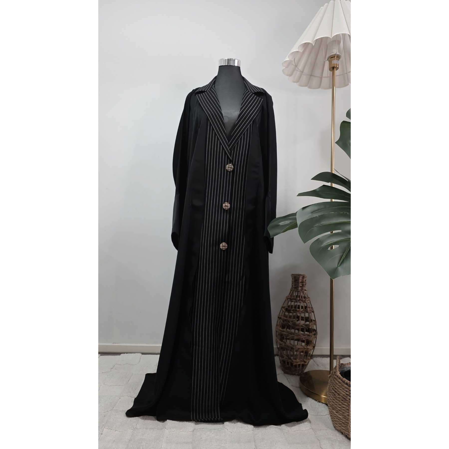 Black Coat collared Pinstripe Abaya Set with Matching Hijab