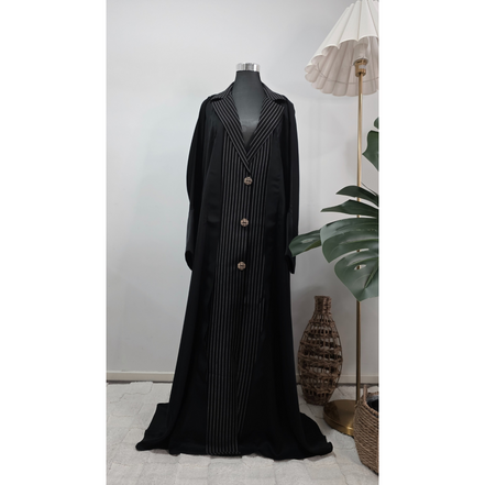 Black Coat collared Pinstripe Abaya Set with Matching Hijab