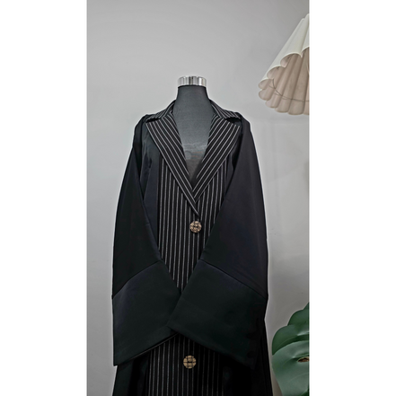 Black Coat collared Pinstripe Abaya Set with Matching Hijab