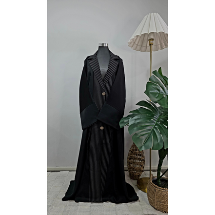 Black Coat collared Pinstripe Abaya Set with Matching Hijab